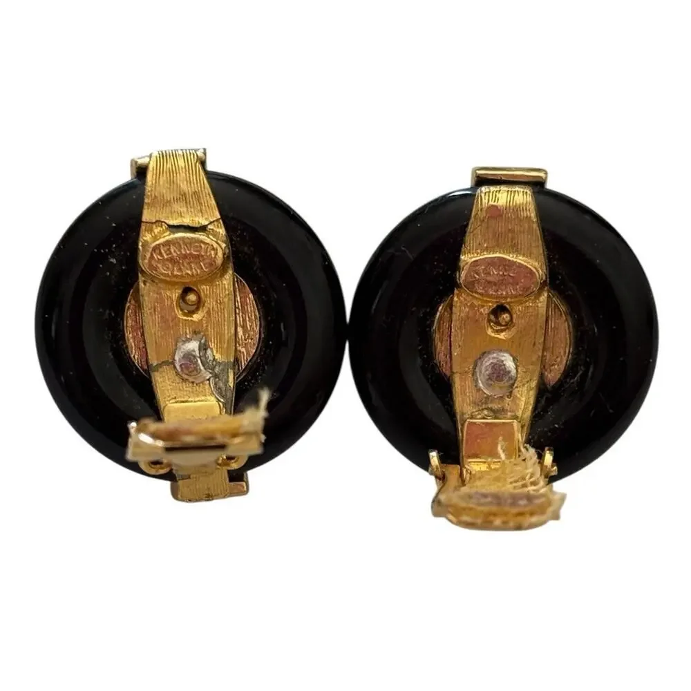 KENNETH J.L. Earrings, Gold tone, Black Enamel and White Faux Pearl, Clip on